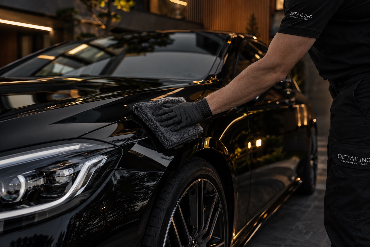 A specialist wipes the clean body of a premium black car with a microfibre cloth