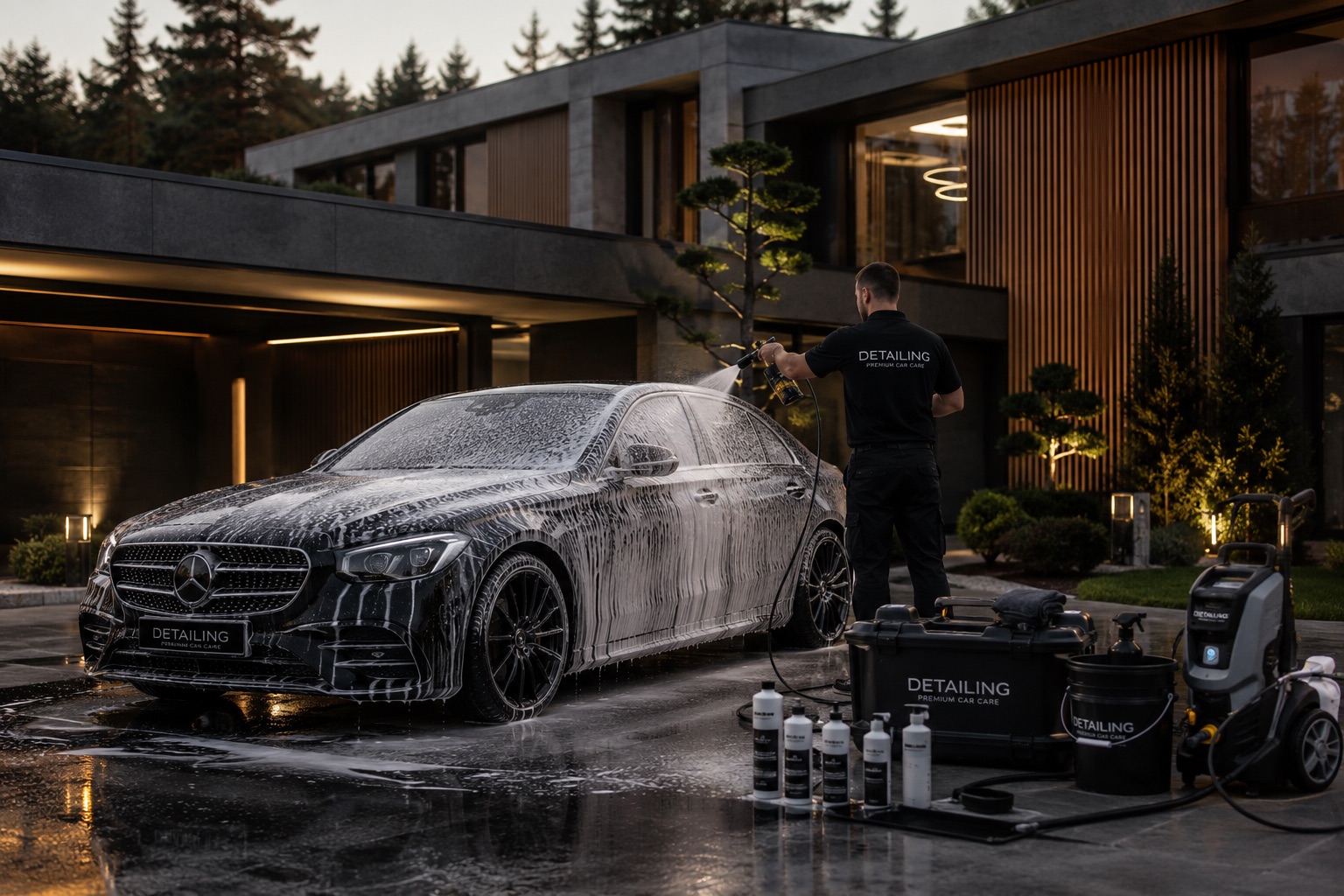 A specialist washes a foam-covered car at a modern private house, equipment laid out alongside