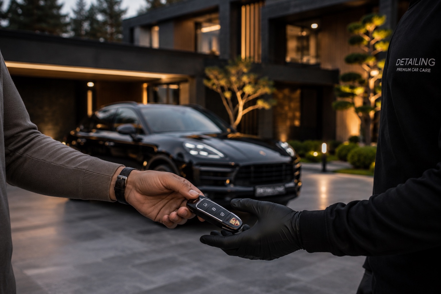A client hands over the car key to a ZURO GO specialist by a modern house, the car in the background