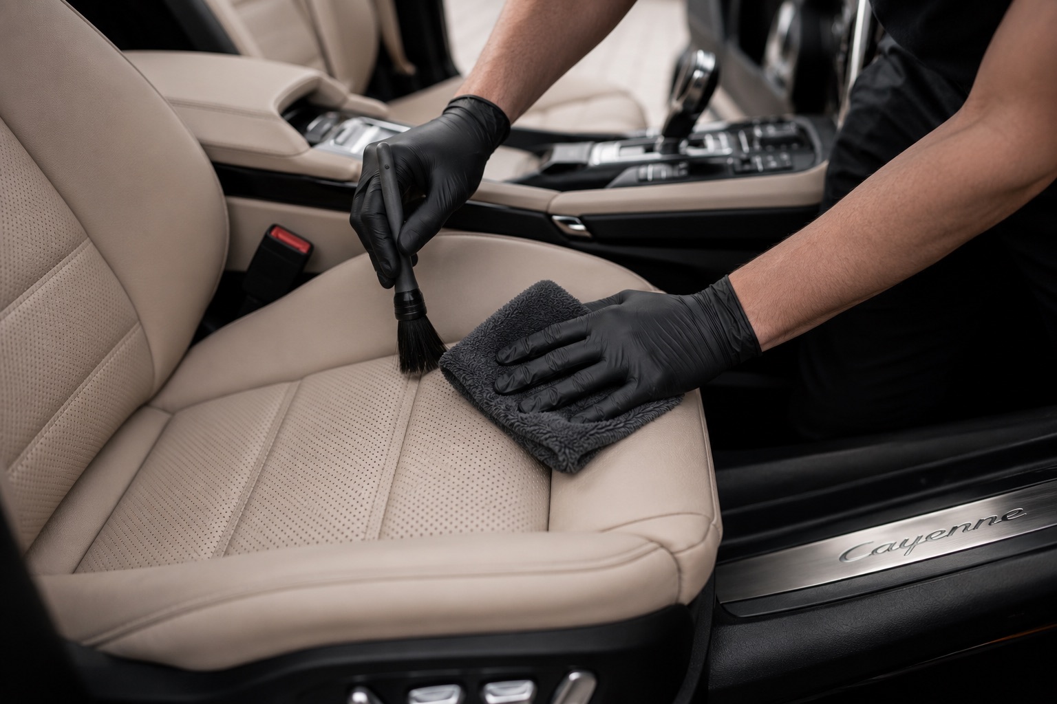 A gloved specialist cleans a light leather Porsche Cayenne seat with a soft brush and microfibre