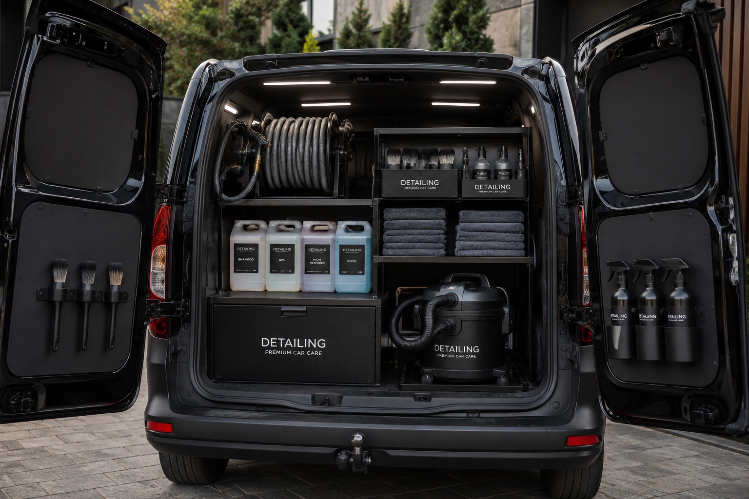 Detailing equipment neatly arranged in the ZURO GO service van — vacuum, compounds, brushes and microfibres
